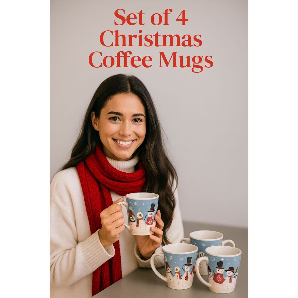Christmas Snowman Coffee Mugs Set of 4 - Holiday Ceramic Cups